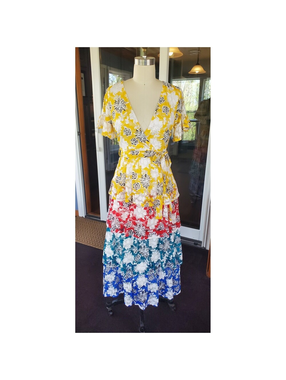 L'atiste by Amy Womens Floral Tiered Maxi Dress Yellow Red Blue S